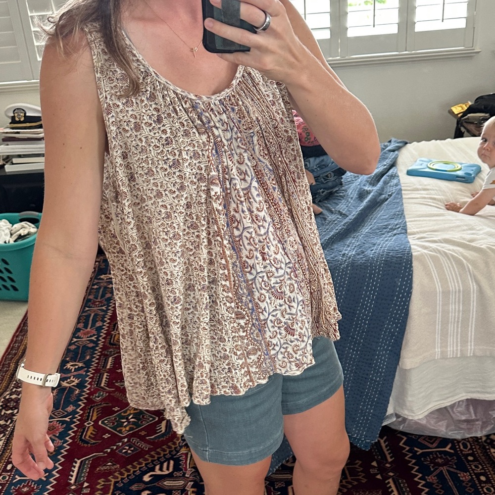 Free People Flowy Boho Print Tank Top - Cream Brown